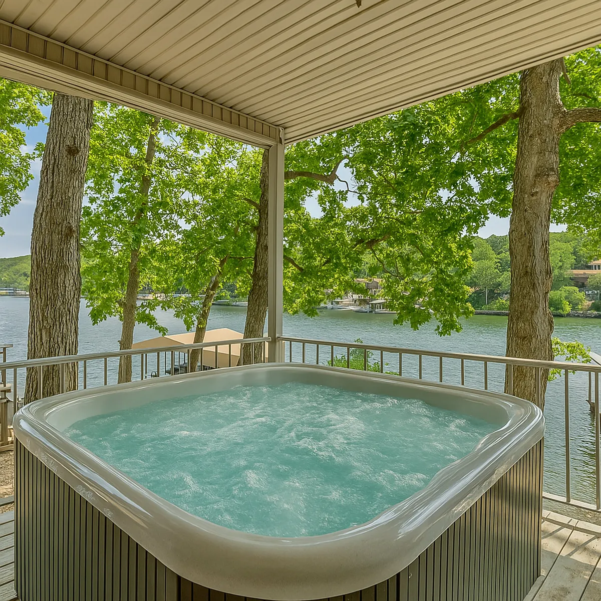 An inviting hot tub sits on a private deck, surrounded by lush green trees and overlooking a tranquil lake. The view stretches out across the water, making this the perfect spot for relaxing and enjoying the natural scenery.